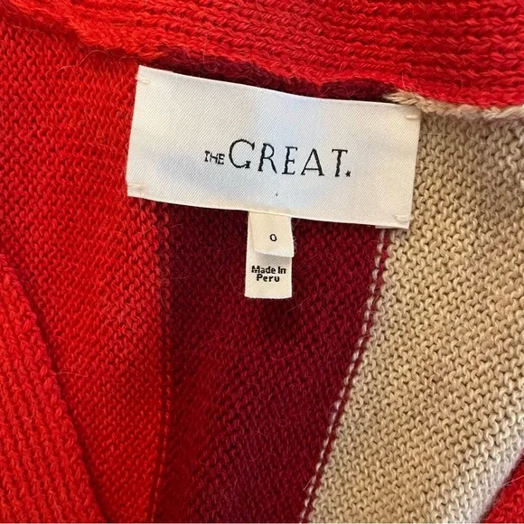 THE GREAT. Bold Striped V-Neck Cardigan in Red, Burgundy & Cream - Picture 5 of 7